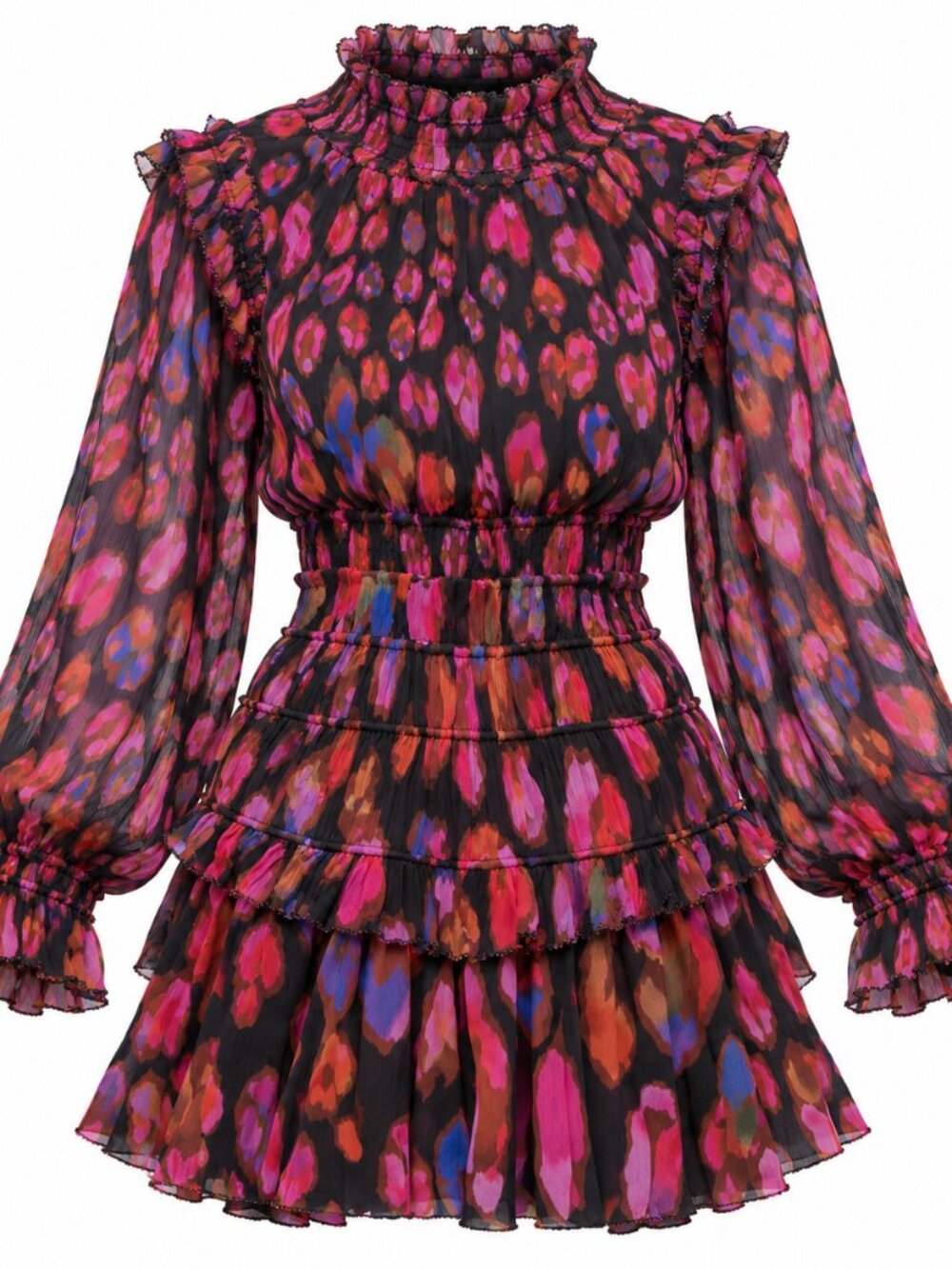 NWT FARM Rio Iridescent Leopards Ruffled Mini Dress Black XXS Fall Party